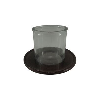 Kerzenhalter – Teelicht – Metall – Glas – rund – Leder braun – Bianca – 13 cm Durchmesser