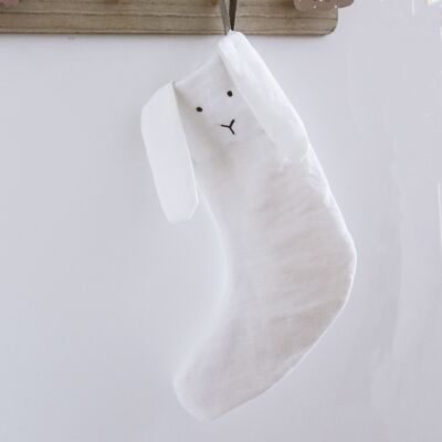 Calcetín navideño de lino con cara de conejo blanco roto