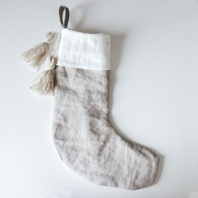 Linen Christmas Stocking Beige with Off-White Cuff