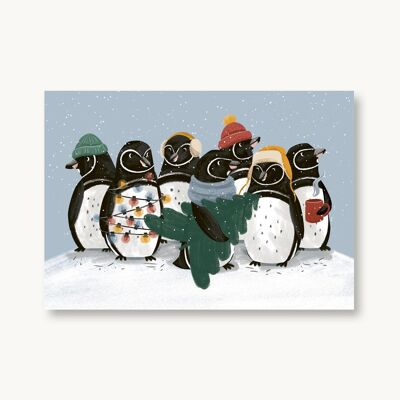 Postal de Navidad - familia de pingüinos