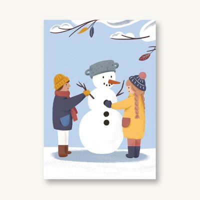 Carte postale hiver - bonhomme de neige et enfants
