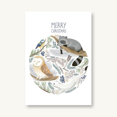 Carte postale Noël - animaux d'hiver