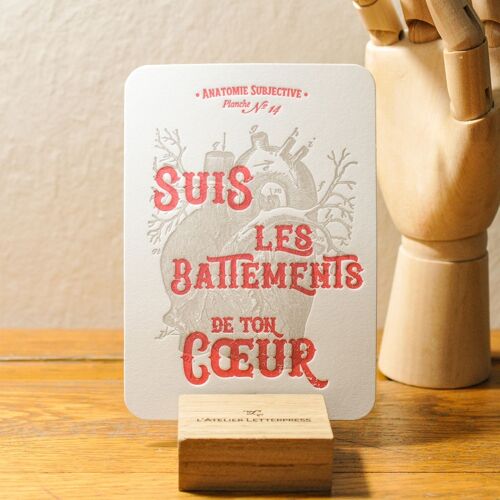 Carte Letterpress Suis les Battements de ton Coeur, papier très épais, relief, holistique, vintage, anatomie, rouge