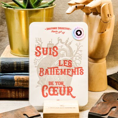 Carte Letterpress Suis les Battements de ton Coeur, papier très épais, relief, holistique, vintage, anatomie, rouge