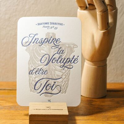 Carte Letterpress Inspire la Volupté d'être Toi, papier très épais, relief, holistique, vintage, anatomie, squelette, bleu