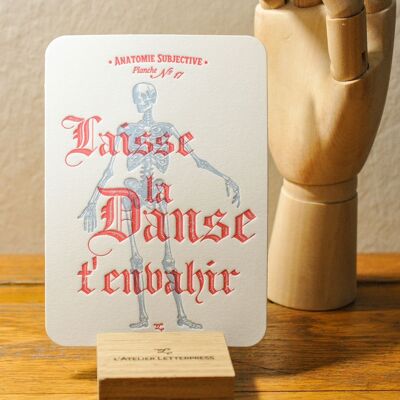 Letterpress card Let the Dance invade you, very thick paper, relief, holistic, vintage, anatomy, skeleton, blue, red