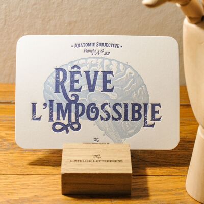Letterpress card Dream the impossible, very thick paper, relief, holistic, vintage, anatomy, brain, blue
