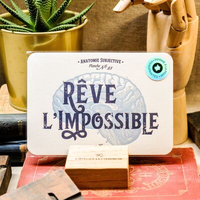 Carte Letterpress Rêve l'impossible, papier très épais, relief, holistique, vintage, anatomie, cerveau, bleu