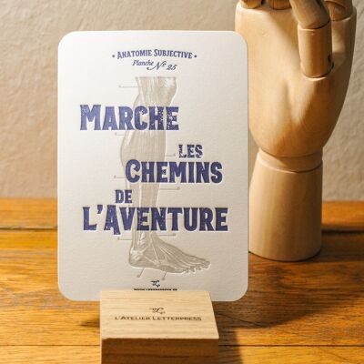 Carte Letterpress Marche les Chemins de l'Aventure, papier très épais, relief, holistique, vintage, anatomie, jambe, pied