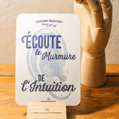 Letterpress card Listen to the Whisper of Intuition, very thick paper, relief, holistic, vintage, anatomy, ear, blue