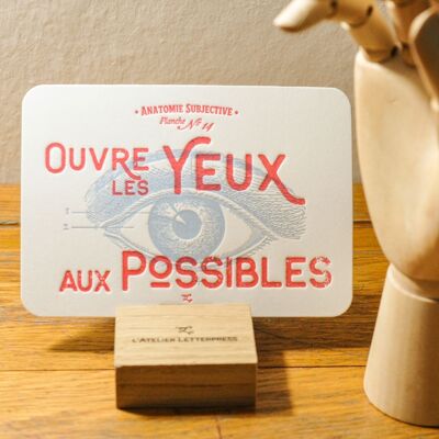 Letterpress card Open your eyes to the possible, very thick paper, relief, anatomy, holistic, vintage, eye, red, blue