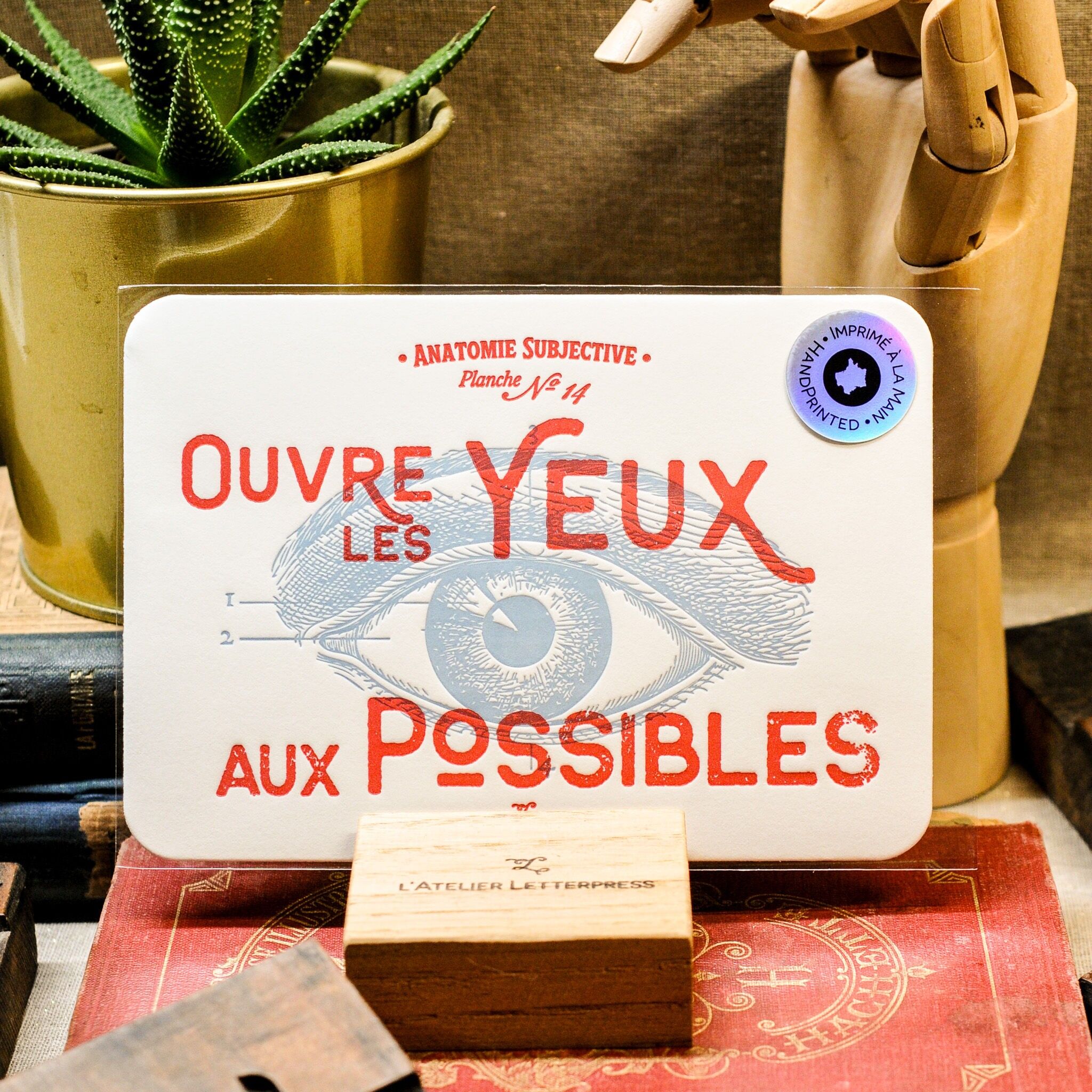 Carta tipografica Apri gli occhi al possibile, carta molto spessa, rilievo, anatomia, olistico, vintage, occhio, rosso, blu