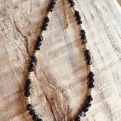 Choker necklace in black Agate and golden hematite
