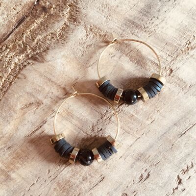 Golden hoops in stainless steel, heishi and black agate