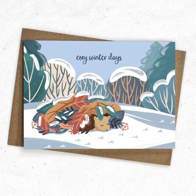 Tarjeta de felicitación de invierno - animales del bosque erizo