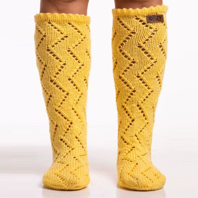 Handmade yarn socks, Candy yellow long hand knitted leg warmers, Designer pattern