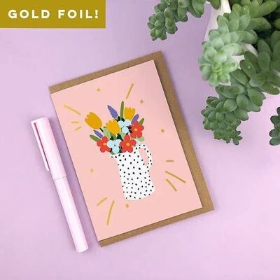 Gold Foiled Flowers in Jug Blank Greetings Card