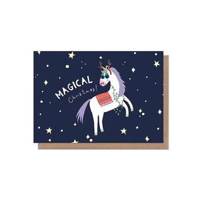 Tarjeta navideña mágica de unicornio navideño