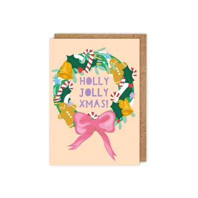 Carte de Noël de couronne illustrée mignonne de Holly Jolly Xmas