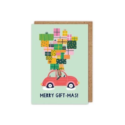 Merry Gift-mas!' Punny illustrated Car A6 Christmas Card