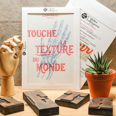 Letterpress Poster Touch the World Texture, A4, ganzheitlich, Vintage, Anatomie, Hand, blau, rot