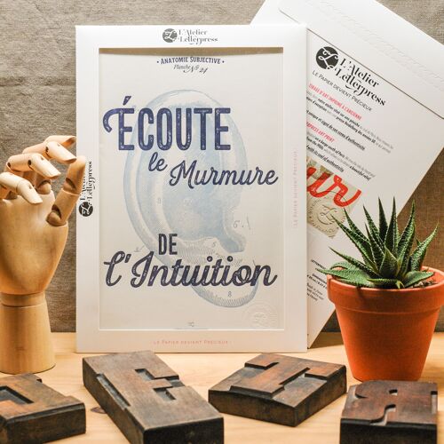 Affiche Letterpress Ecoute le Murmure de l'Intuition, A4, holistique, vintage, anatomie, oreille, bleu