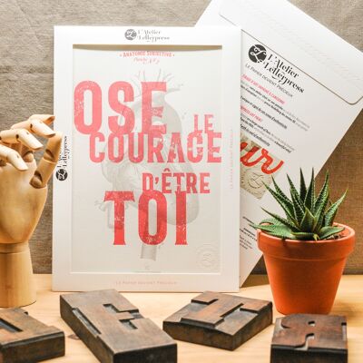 Poster Letterpress Dare the Courage to be You, A4, ganzheitlich, Vintage, Anatomie, Herz, rot