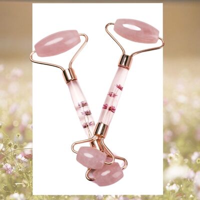 Rose quartz roller with flower handle
