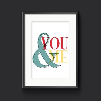 You & Me Couple Wall Art, Family Print house warming present - A3 (297x420mm) / Red Yellow and Teal