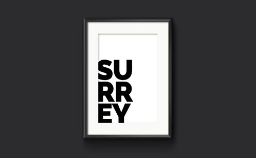 SURREY UK County Typography Print, Place Name Picture - A3 (297x420mm) / Black on Ice White