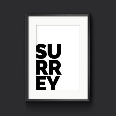 SURREY UK County Typography Print, Place Name Picture - A3 (297x420mm) / Black on Ice White