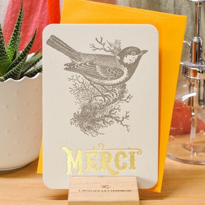 Carte Letterpress Merci Mésange (avec enveloppe), or, jaune, vintage, papier recyclé épais