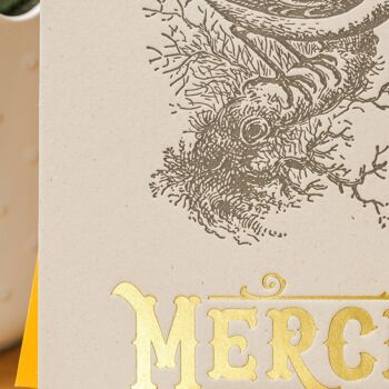 Carte Letterpress Merci Mésange (avec enveloppe), or, jaune, vintage, papier recyclé épais 3