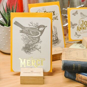 Carte Letterpress Merci Mésange (avec enveloppe), or, jaune, vintage, papier recyclé épais 5