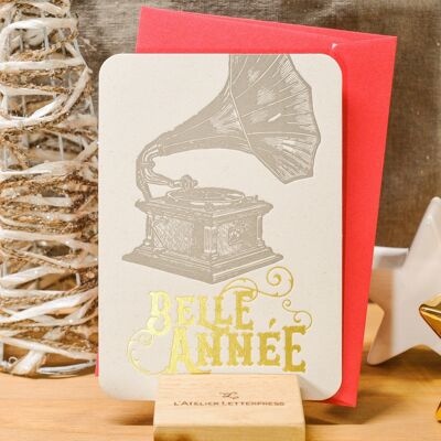 Belle Année Phonograph card (with envelope), wishes, gold, vintage, thick recycled paper, Letterpress