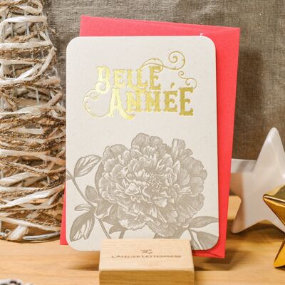 Belle Année Peony Letterpress card (with envelope), wishes, flower, gold, red, vintage, thick recycled paper