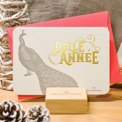 Letterpress Belle Année Peacock card (with envelope), greetings, bird, gold, red, vintage, thick recycled paper, Letterpress