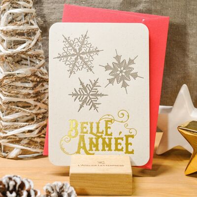 Happy New Year Snowflakes card (with envelope), wishes, gold, vintage, thick recycled paper, Letterpress