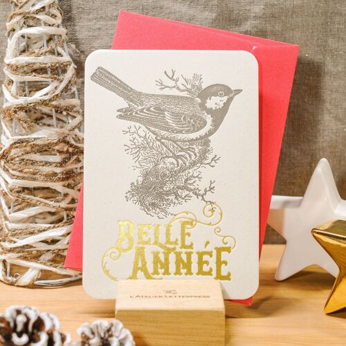 Carte Letterpress Belle Année Mésange (avec enveloppe), voeux, oiseau, or, rouge, vintage, papier recyclé épais