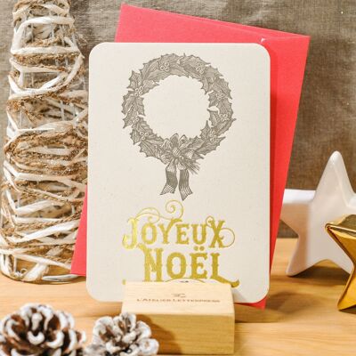 Merry Christmas Wreath Letterpress Card (with envelope), greetings, gold, red, vintage, thick recycled paper, Letterpress