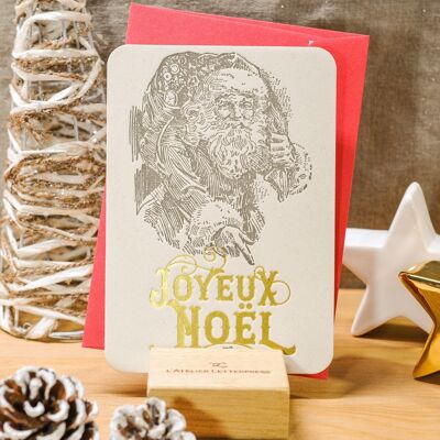Letterpress Merry Christmas Santa Claus card (with envelope), greetings, gold, red, vintage, thick recycled paper, Letterpress