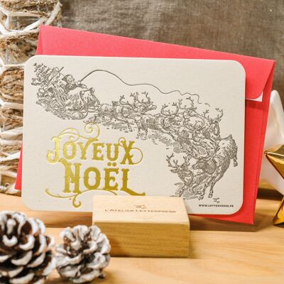 Merry Christmas Sleigh Letterpress Card (con sobre), saludos, oro, rojo, vintage, papel grueso reciclado