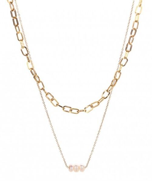 N2020-007G S. Steel Necklace Layered Freshwater Pearl Gold