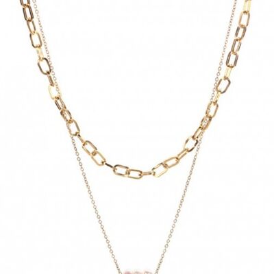 N2020-007G S. Steel Necklace Layered Freshwater Pearl Gold