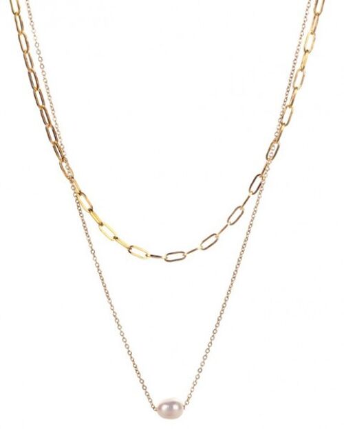 N2020-005G S. Steel Necklace Layered Freshwater Pearl Gold