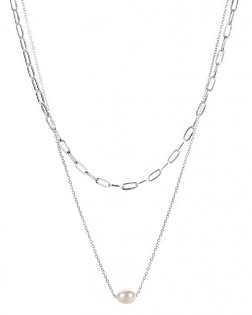 N2020-005S S. Steel Necklace Layered Freshwater Pearl Silver
