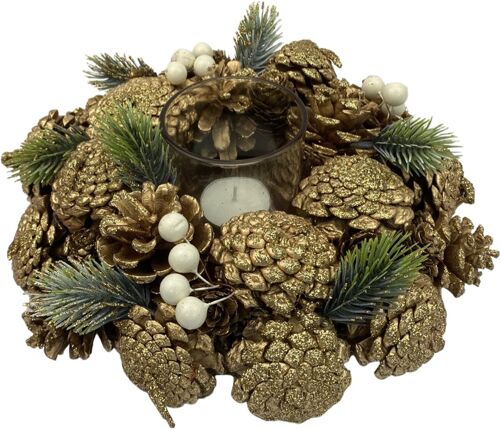 Kerststuk kaarsenhouder - Pinecone white berry | ø 25 cm