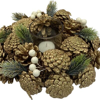 Bougeoir arrangement de Noël - Pomme de pin baies blanches | 25cm