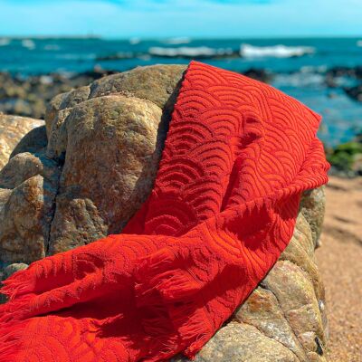 "Blood Orange" Beach Fouta Japanese Waves Muster aus 100% Bio-Baumwolle