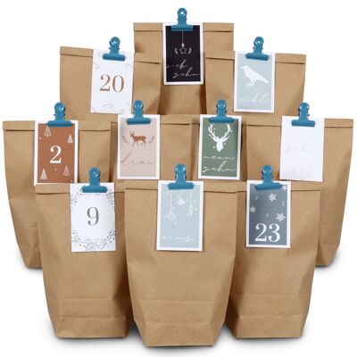 DIY advent calendar to fill - 24 gift bags and 24 business cards with numbers and metal clips - blue green - do-it-yourself - Christmas